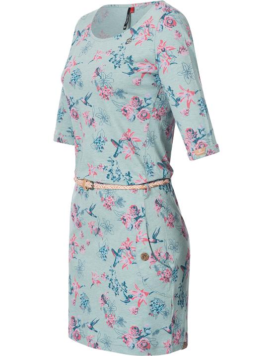 ragwear Damen Jersey Minikleid Tanya Flowers Shirtkleid Jerseykleid Gürtel Vegan